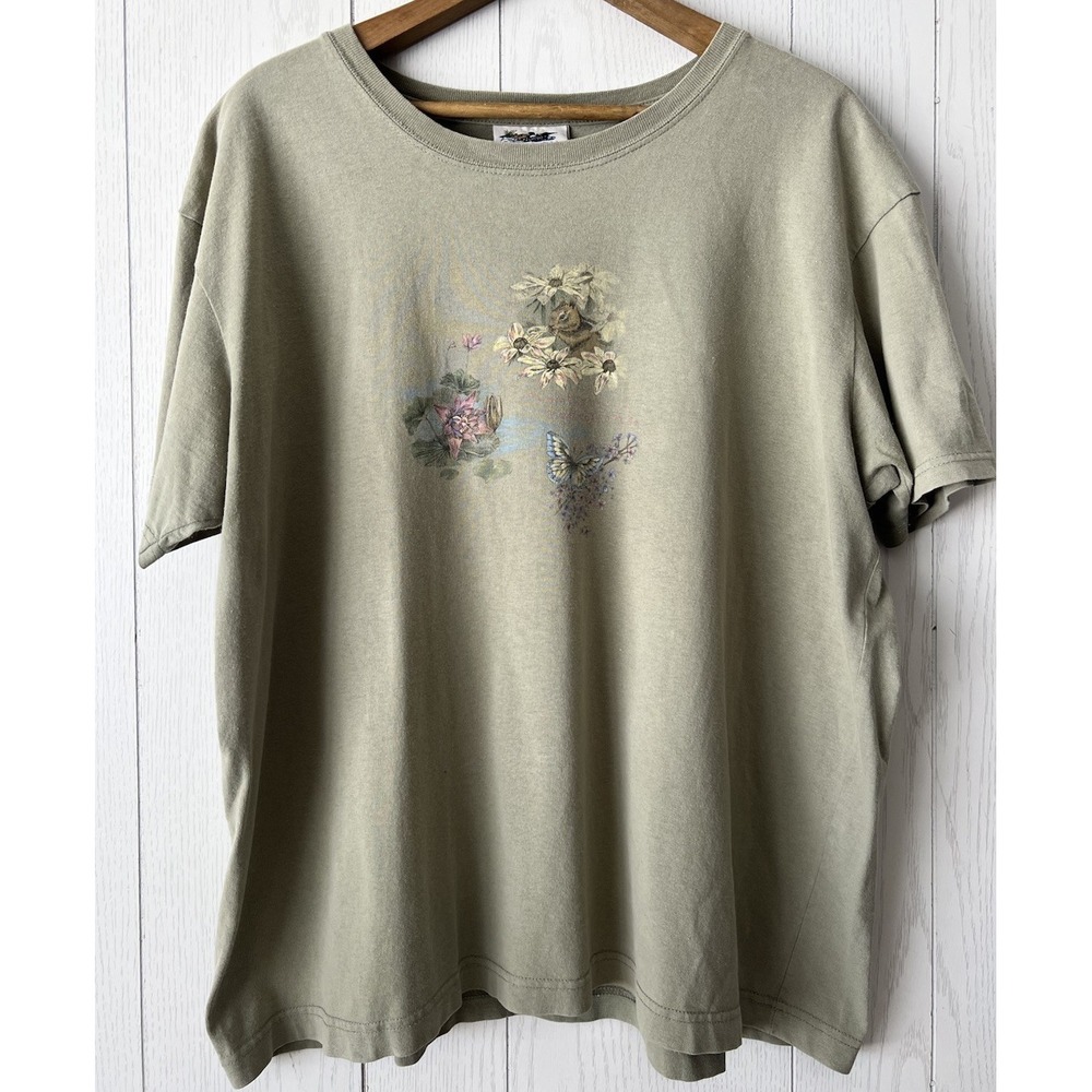 Vintage Northern Reflections Sage Green T-shirt Flowers Outdoors Boxy XL